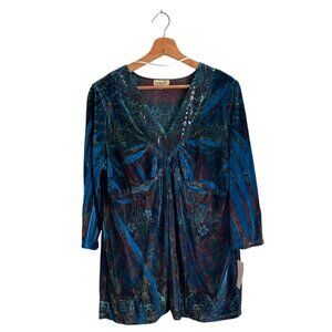 One World Womens 1X Tunic Top Y2K Floral Print Velvet Sequin Stretch Whimsigoth